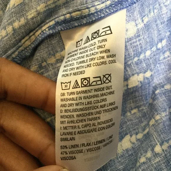 Denim & Co. Naturals Printed Linen Blend Peplum Blouse Plus Size 2X Blue/White - Picture 8 of 11